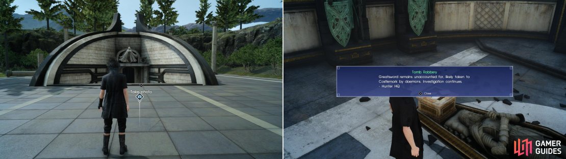 Find the Tomb of the Tall south-east of the Cauthess Rest Area (left). Sadly, the Royal Arm inside has already been plundered&hellip; (right).