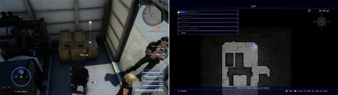 The Cerberus, a sniper rifle only Noctis can use (left) can be found at the area indicated on the map (right).