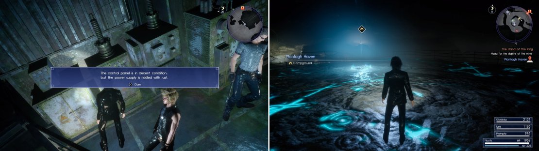 The control panel here (left) needs power and a key. Thankfully there is a Haven in this dungeon (right) where you can recover. You&rsquo;ll need it.