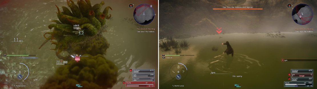 Watch out for Bad Breath (left) as this can decimate your party. Later in the battle, look for the red arrows (right) when you&rsquo;re told to regroup.