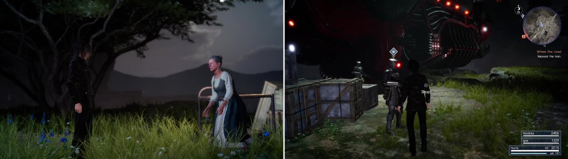 Speak to the House Fleuret retainer (left) to learn more about Luna and then don&rsquo;t forget to shop for healing items before setting out (right).
