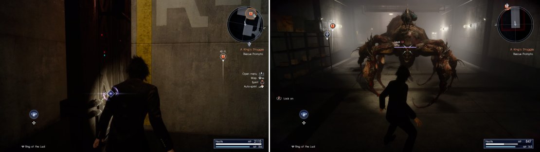Squeeze through here (left) to try and reach Prompto. This path isn&rsquo;t very obvious. You will be accosted by an Uttu (right) which is just like an Arachne.