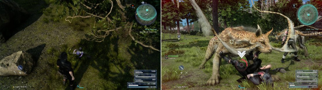 To secure the supply line for the hunter you&rsquo;ll have to disarm a number of traps (left), but be wary, as Coeurls prowl the area (right).