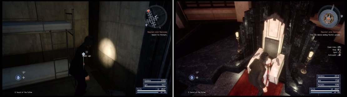 Check the jail for items (left) and don&rsquo;t forget to look behind the throne for another (right).