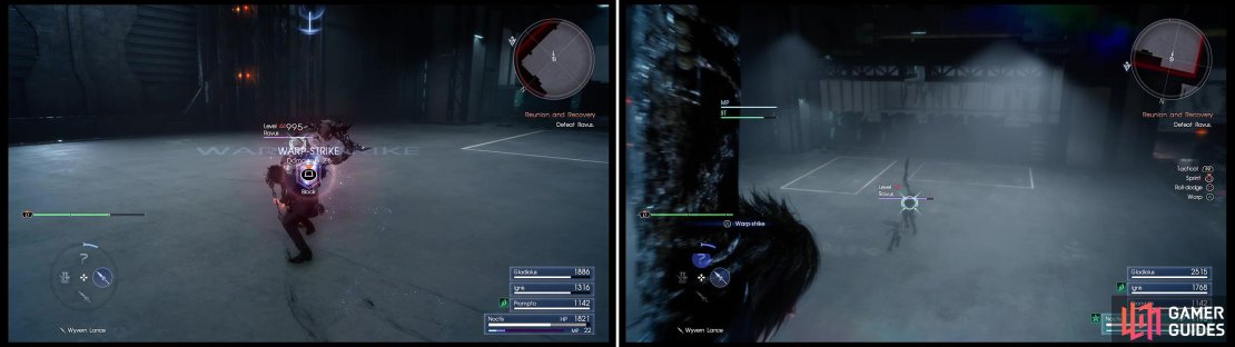 Watch out for the block prompt (left) before Ravus dashes at you. Make use of the Warp points (right) in this fight to avoid damage.