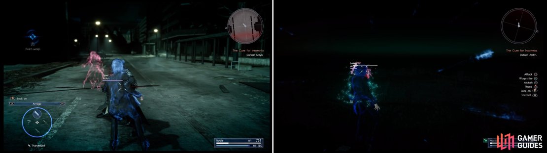 In the first phase, simply phase through his attacks (left) and counter with your own. When you reach the second phase, use Square/X to recover your health (right) as he can&rsquo;t hit you during this.