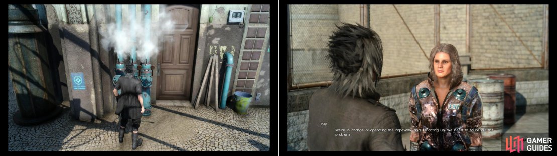 Locate and, if necessary, repair eight valves across town (left) then return to Holly for a reward&hellip; and another quest (right).
