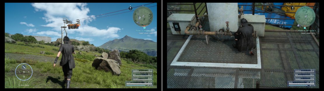 Find the pylons with railcars near them (left) then climb up and investigate the machinery to ensure it&rsquo;s all in working order (right).