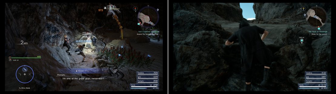 Kill Wyverns to harvest Wyvern Wings for Sania (left). To reach the summit of Ravatogh you’ll need to climb some sheer cliffs (right).