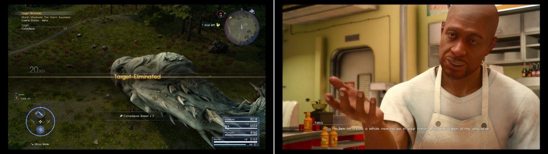 Take on the hunt &ldquo;Marsh Madness! The Giant Awakens&rdquo; to fight a Catoblepas, hopefully obtaining some Catoblepas Brisket when it falls (left) then return to Takka and he&rsquo;ll whip you up a new meal (right).