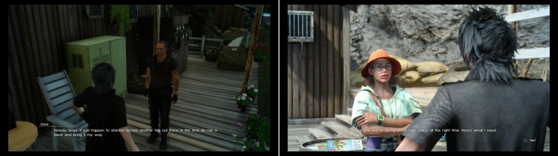 At the Meldacio Hunter HQ you&rsquo;ll be able to pick up new quests from both Dave (left) and Sania (right).