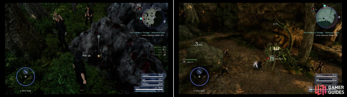 Search the Myrlwood to find a Mineral Deposit containing the Ruby Stone Dino want (left). In the furthest depths of the Myrlwood you&rsquo;ll encounter a Treant (right).
