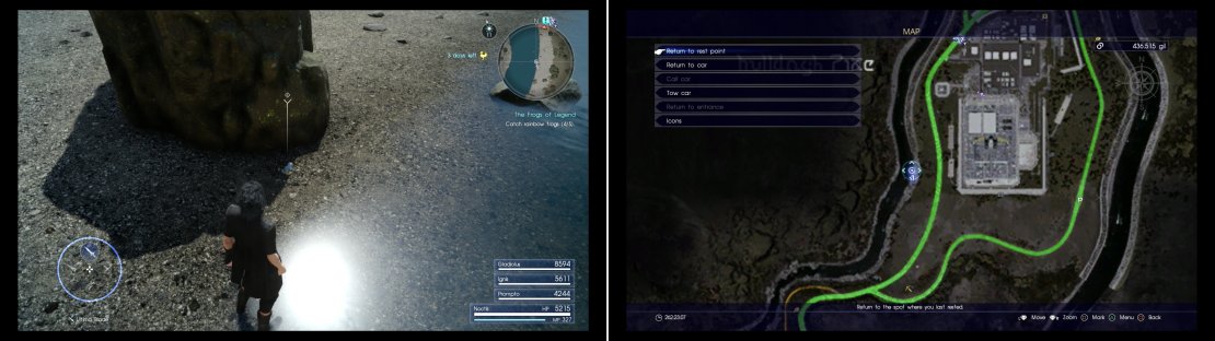 In the shadow of a boulder along the river west of Fort Vaullerey you&rsquo;ll find the final Rainbow Frog (left) at the indicated area on the map (right).
