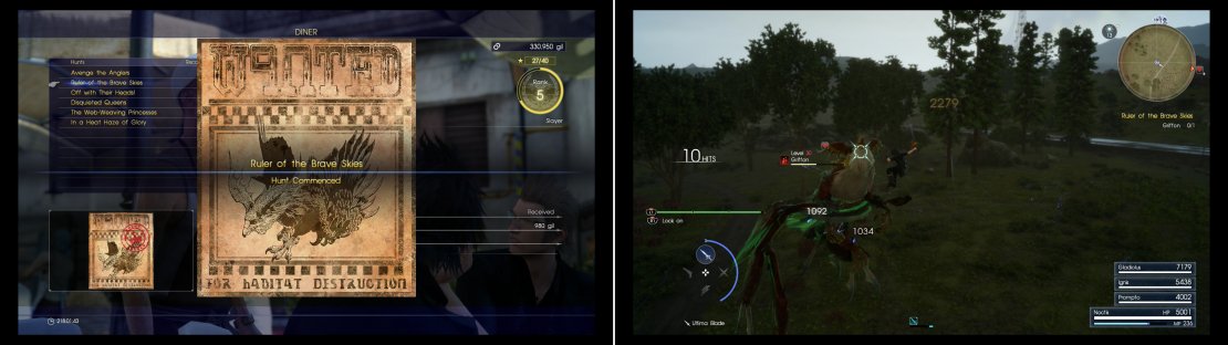 Pick up the hunt &ldquo;Ruler of the Brave Skies&rdquo; to challenge a Griffon (left). Fighting a Griffon can easily become an aerial duel between Noctis and the beast (right).