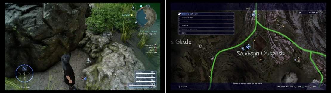 On the eastern shore of the pond west of the Saxham Outpost you&rsquo;ll find the second Rainbow Frog (left) at the indicated spot on the map (right).