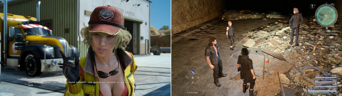 Cindy&rsquo;s quests follow a predictable routine: She asks you to find her something (left), then you go hunt down the automobile accessory she sent you after (right).
