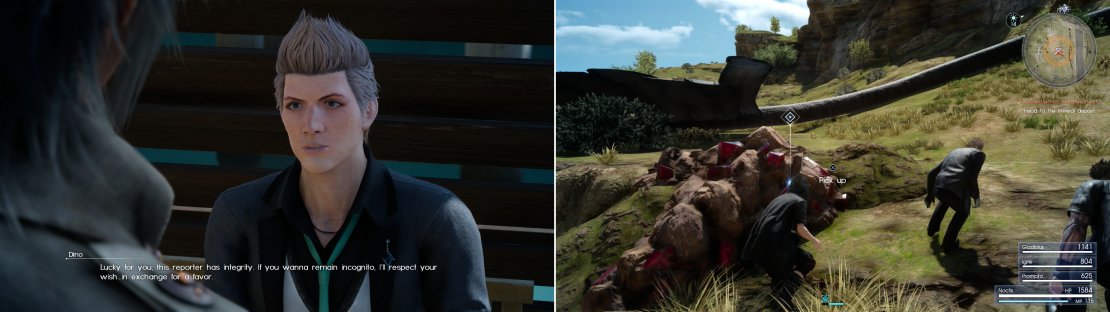 Your jobs for Dino start out as blackmail (left), and you&rsquo;ll be forced to retrieve the first stone he wants from near a very dangerous beast (right).