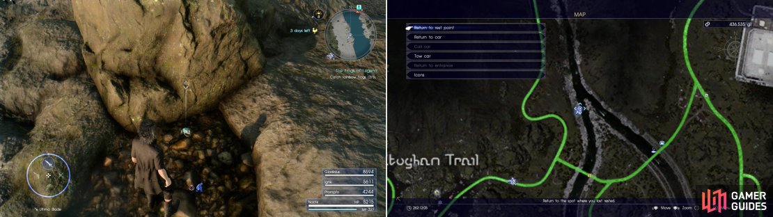 Find the Rainbow Frog near the fork in the Wennath River (left) at the area indicted on the map (right).