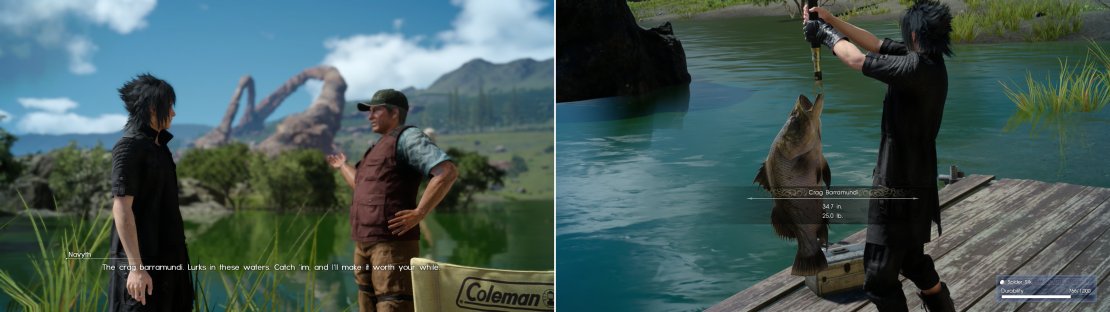 Navyth&rsquo;s fist challenge for you will be catching a Crag Barramundi (left) which can be found at the Neeglyss Pond Fishing Spot.