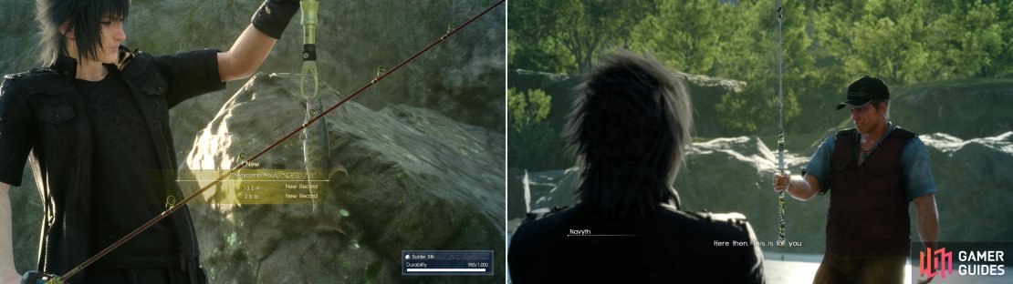 Catch a Cherrycomb Trout by fishing at the Wennath River Fishing Spot during dusk (left) and Navyth will give you the Butterfly Edge (right).