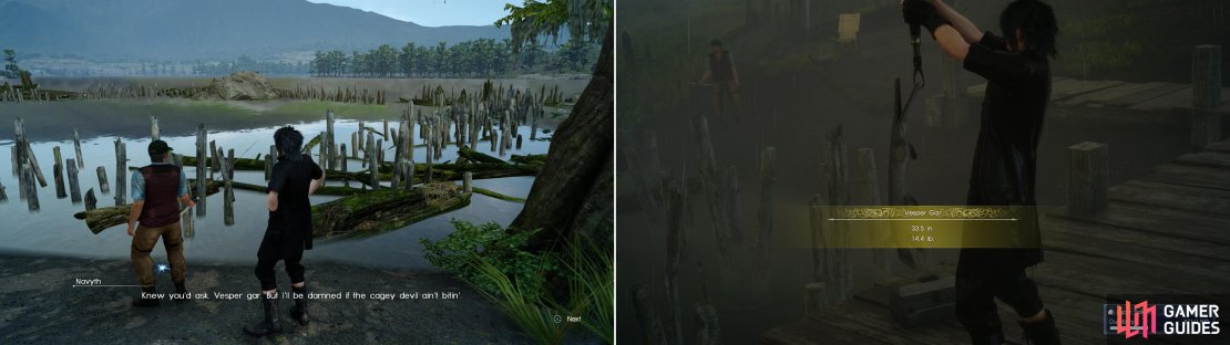 In The Vesperpool, Navyth is flustered by the antics of the native Vesper Gar (left). Show him how it&rsquo;s done to impress him (right).