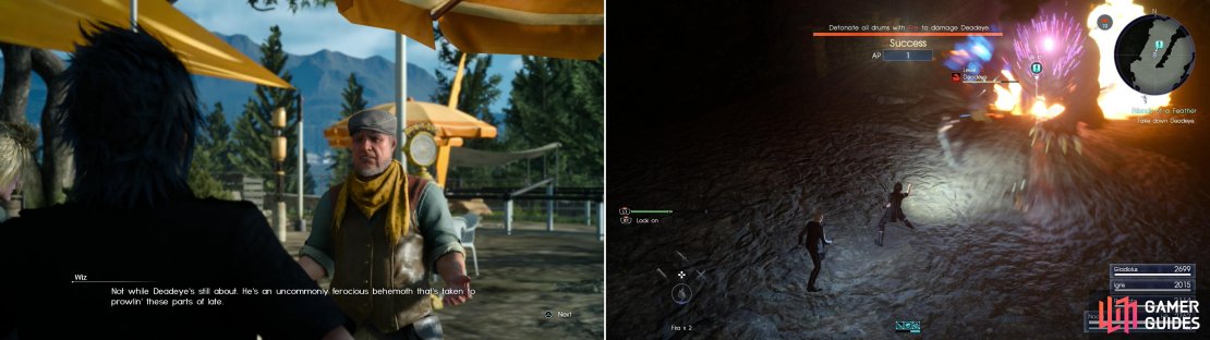 Indulge Prompto and visit the Wiz Chocobo Outpost only to learn that you can&rsquo;t rent Chocobos yet (left). Defeat Deadeye - the Behemoth that&rsquo;s menacing the area - and you&rsquo;ll free Wiz to do business again (right).