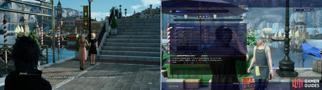After disembarking at Altissia, you&rsquo;ll overhear some women talking about Luna&rsquo;s wedding dress (left). New cities mean new merchants, and new merchants mean a new Cactuar for Talcott (right).