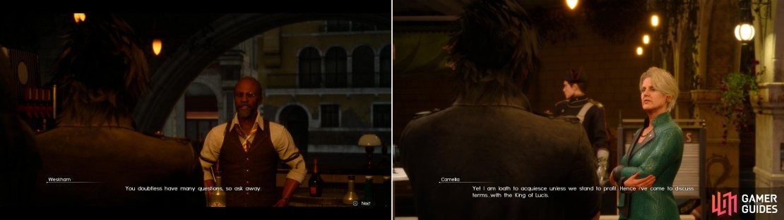 Talk to Weskham in Maagho to learn about various topics (left), after which you&rsquo;ll be expended an invitation by an important political figure (right).
