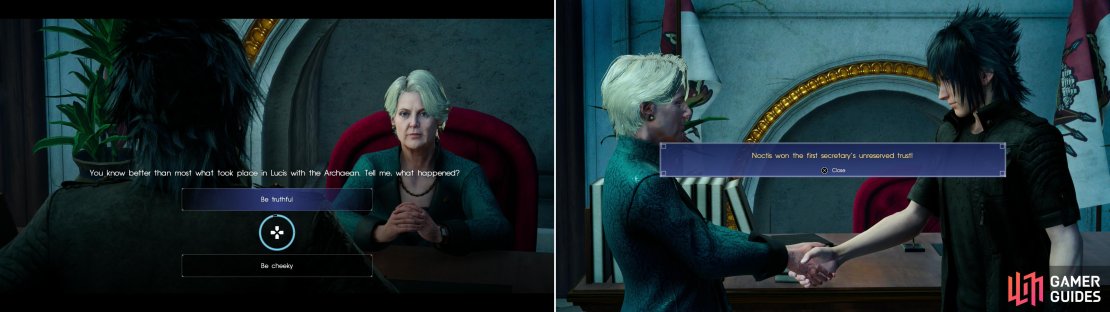 The dialogue options you pick during your meeting with Camelia will influence her disposition towards you (left). Do well and you&rsquo;ll earn her trust - and a reward (right).