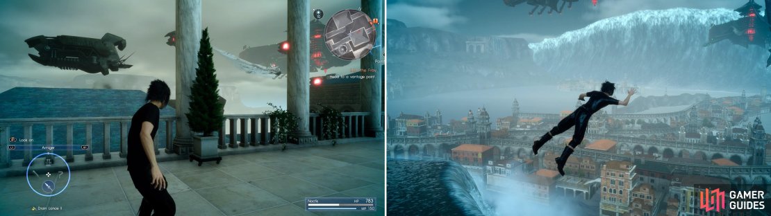 The Empire are here to stop you and you&rsquo;re on your own (left). Keep pushing forward then dive off the end (right) to end this quest.