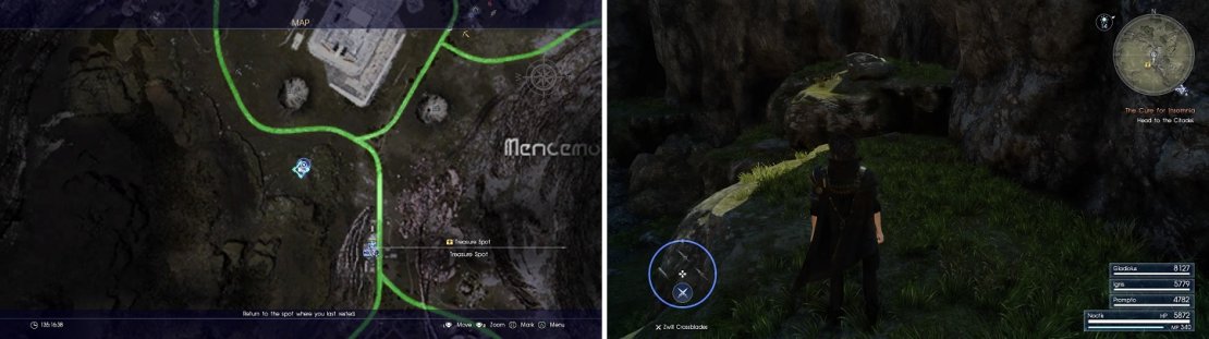 The location of the Dragoon Lance on the map (left) and in-game (right).