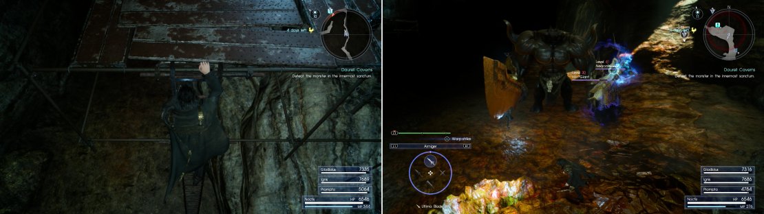 Climb down a ladder to extend the device, providing you with a shortcut (left). At the end of the dungeon you’ll find an Iron Giant - the “boss” of this dungeon (right).