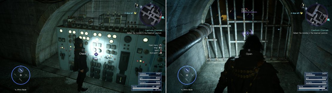 Find a console in one of the first channels you explore - you’ll need to activate all of these to reach the depths of Crestholm Channels (left). Some doors, however, must be opened other ways (right).