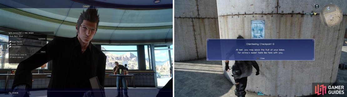 There are a variety of ways to get new recipes, such as eating certain foods at restaurants (left) and finding flyers hidden in the game&rsquo;s world (right).