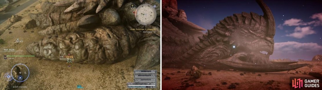 Keep attacking the fins (left) until its head is lowered, making is vulnerable for more damage (right).