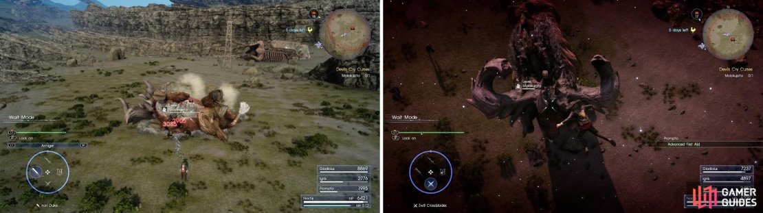 The monster&rsquo;s rolling attack can only be dodged by warping away (left). Parry its charging attack to give way to a counter (right).
