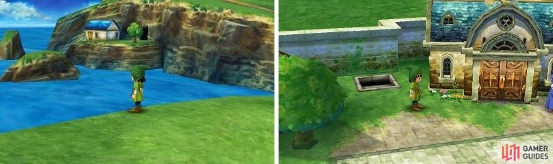 Dermot&rsquo;s house is on the cliffs near Estard (left) and can be gotten to by taking the stairs near the church (right).