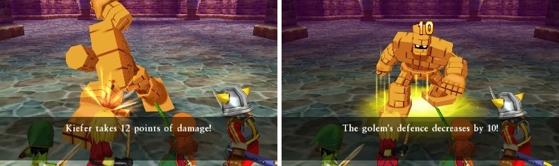 The Golem only has a physical attack (left). Hanlon&rsquo;s Sap will reduce the defense of enemies (right).