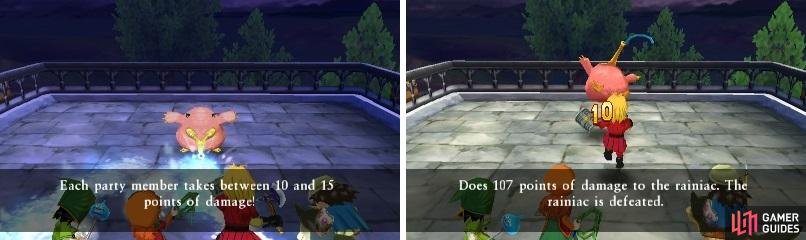 Rainiac&rsquo;s frosty breath can hit all of your characters (left). Kiefer&rsquo;s Focus Strength can really output a lot of damage (right).