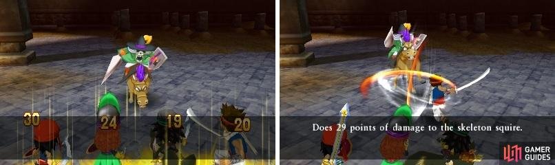 The boss&rsquo; Kasap will lower everyone&rsquo;s defense (left). Hadid&rsquo;s Diving Falcon hits the boss twice for some nice damage (right).