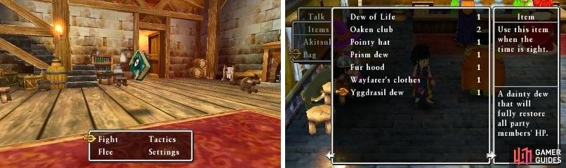 There are even mimics for books in this game (left). It&rsquo;s a good idea to purchase a Yggdrasil Dew (right).