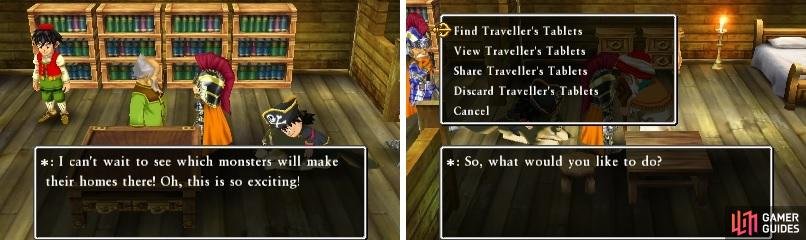 Monster Meadows is where all of the monsters go if you tame them after battle (left). You can use them to make your own Traveller’s Tablets (right).