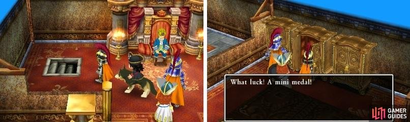 Don&rsquo;t forget to go downstairs in the throne room (left) and grab the Mini Medal in the cupboard (right), as you can&rsquo;t come back here anymore.