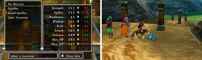 With the heart in a character’s inventory, you will be able to change into that vocation at Alltrades (left). You take the appearance of the monster in the field and in battle (right).