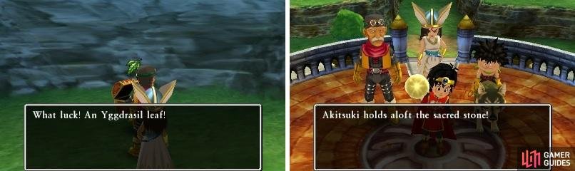 Grab the Yggdrasil Leaf on the overworld (left) before using the Sacred Stone to fix the Divine Shrine (right).
