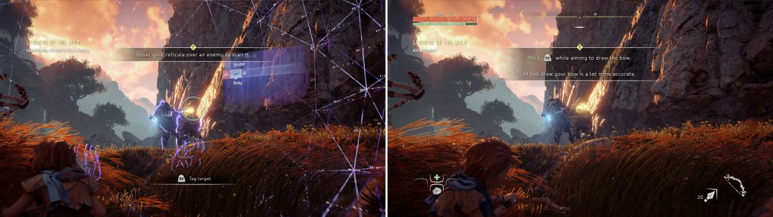 Scanning new enemies (left) is almost essential on harder difficulties. Get used to this and practice timing your shots (right) now.