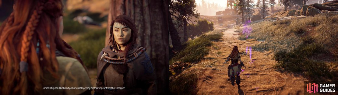 Like father like daughter, Arana will impose another objective on you after she’s rescue (left). Use your Focus to follow her tracks to locate the Scrapper she was hunting (right).