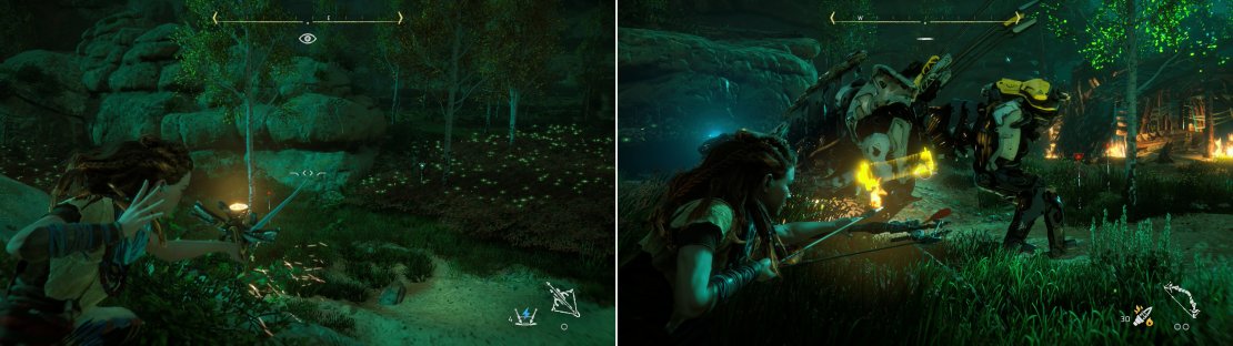 Use your Tripcaster to plant Shock Wires (left), then shoot the Sawtooth&rsquo;s exposed Blaze Canister (right).