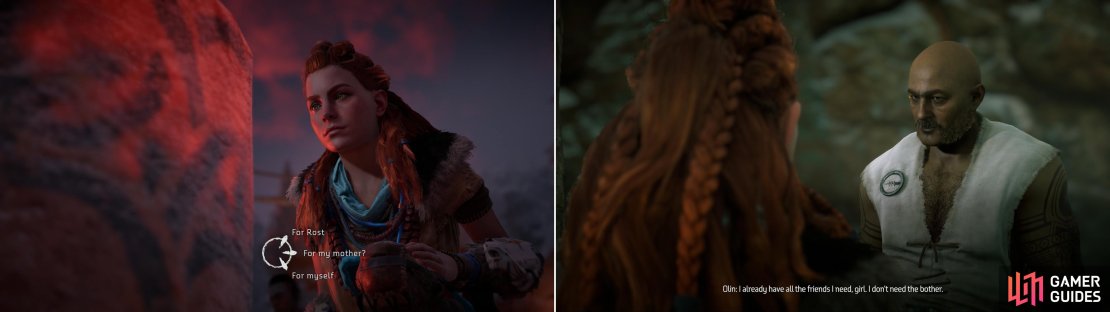 Dedicate your prayer lantern as you please (left) then continue questioning the evasive Olin (right).