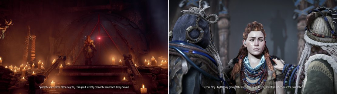 When some &ldquo;corruption&rdquo; leads to All-Mother reject Aloy, Teersa will use her religion to interpret the event (left), ultimately culminating with Aloy being granted the title of Seeker (right).